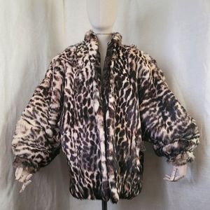 Vintage Ladies Rabbit Fur Coat Leopard Print SzL 1980s